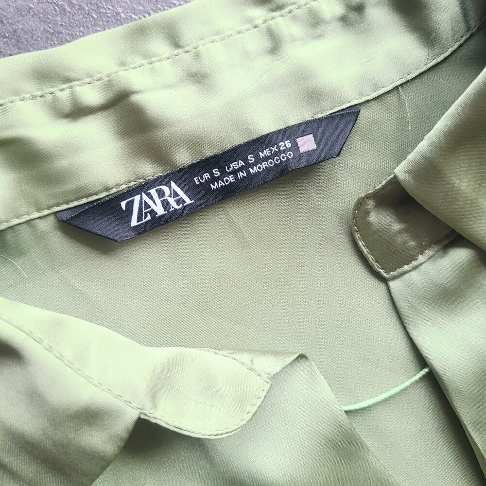 Zara Sage Green Satin Button Down Long Sleeve Shirt Size Small - Picture 8 of 15